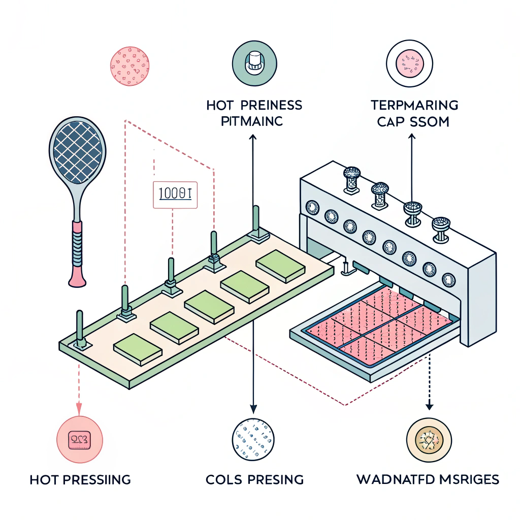 A clean 2D flat illustration of a simplified pickleball paddle production process with modern equipment.