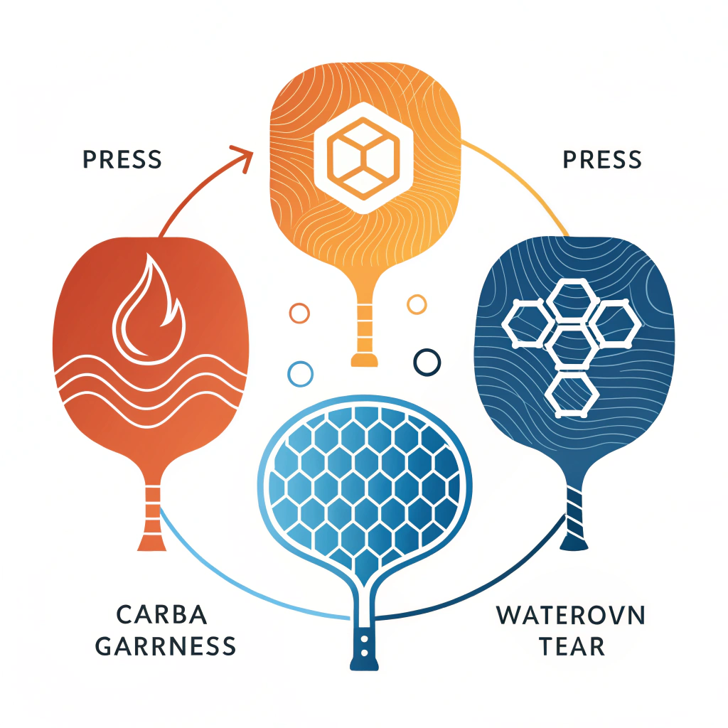 Minimalistic flat design showcasing abstract manufacturing icons for pickleball technology.