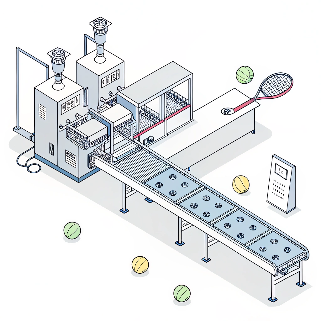 "Minimalist 2D illustration of a modern, automated production line for pickleball paddles in a futuristic style."