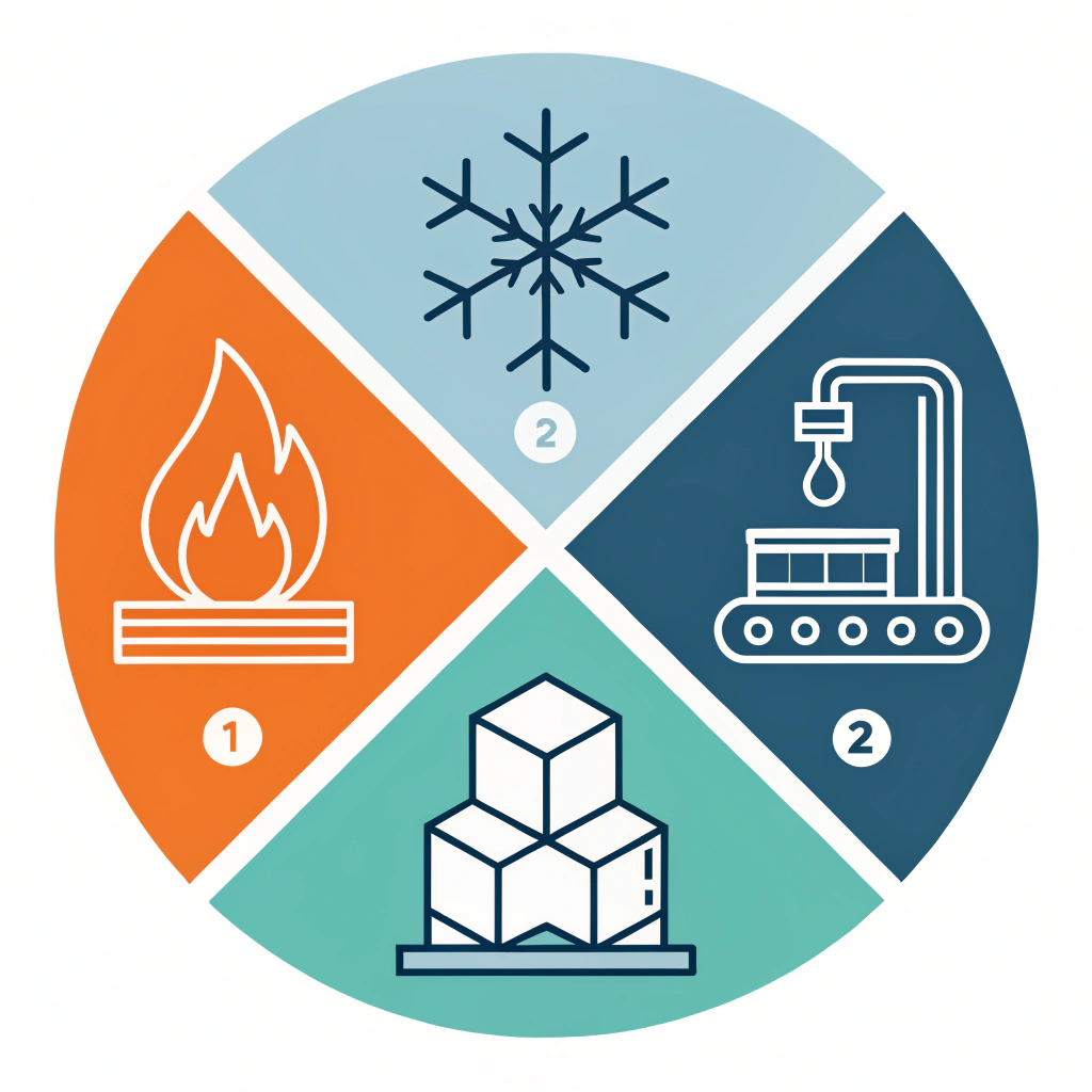 Minimal vector illustration featuring three distinct production technique icons.