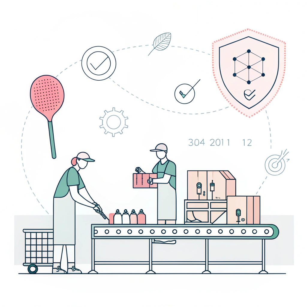 Minimalist 2D illustration of production integration and quality testing for edge guard application in paddles