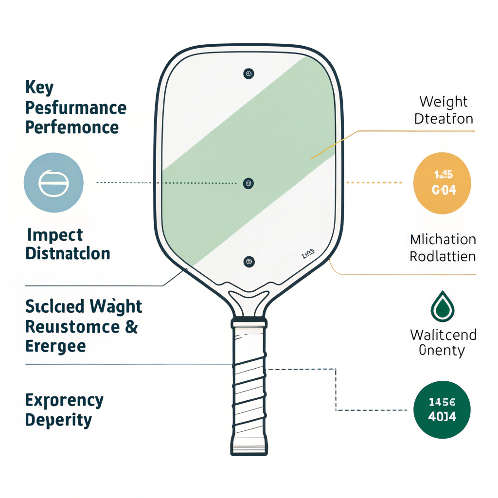 Simplified illustration showing key performance features of a pickleball paddle