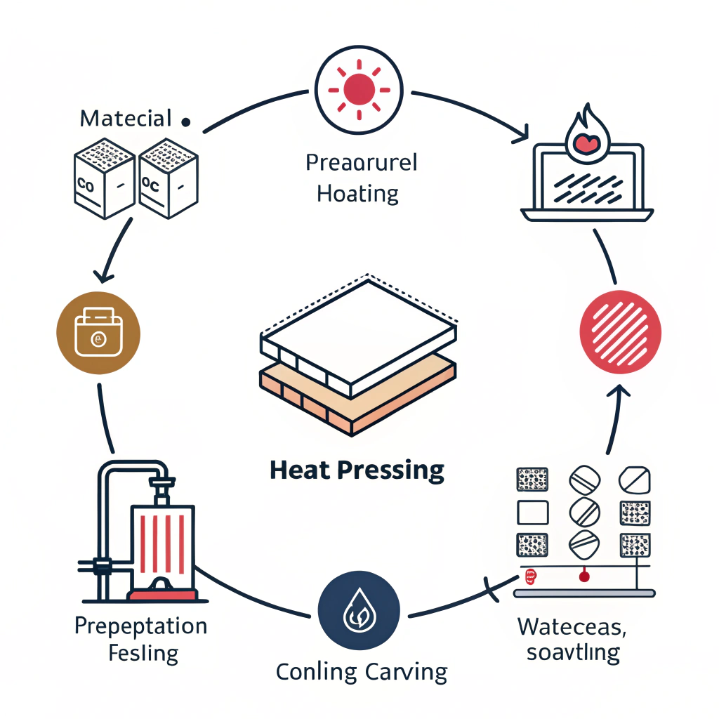 2D minimalist flow diagram illustrating the stages of the heat pressing process for paddle production