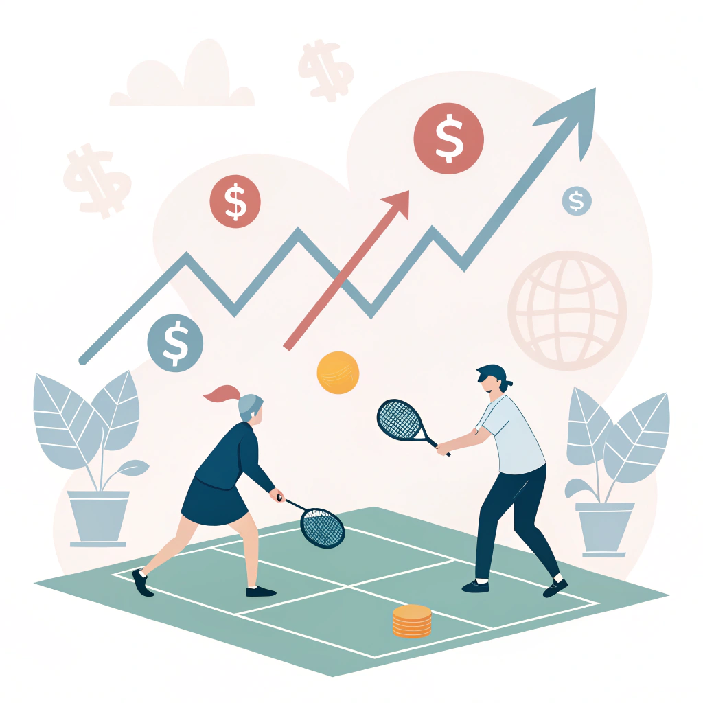 Minimalist 2D illustration of pickleball players with abstract economic growth symbols.