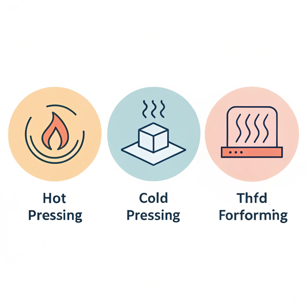 Clean, minimal icons depicting hot pressing, cold pressing, and thermoforming processes in flat style.