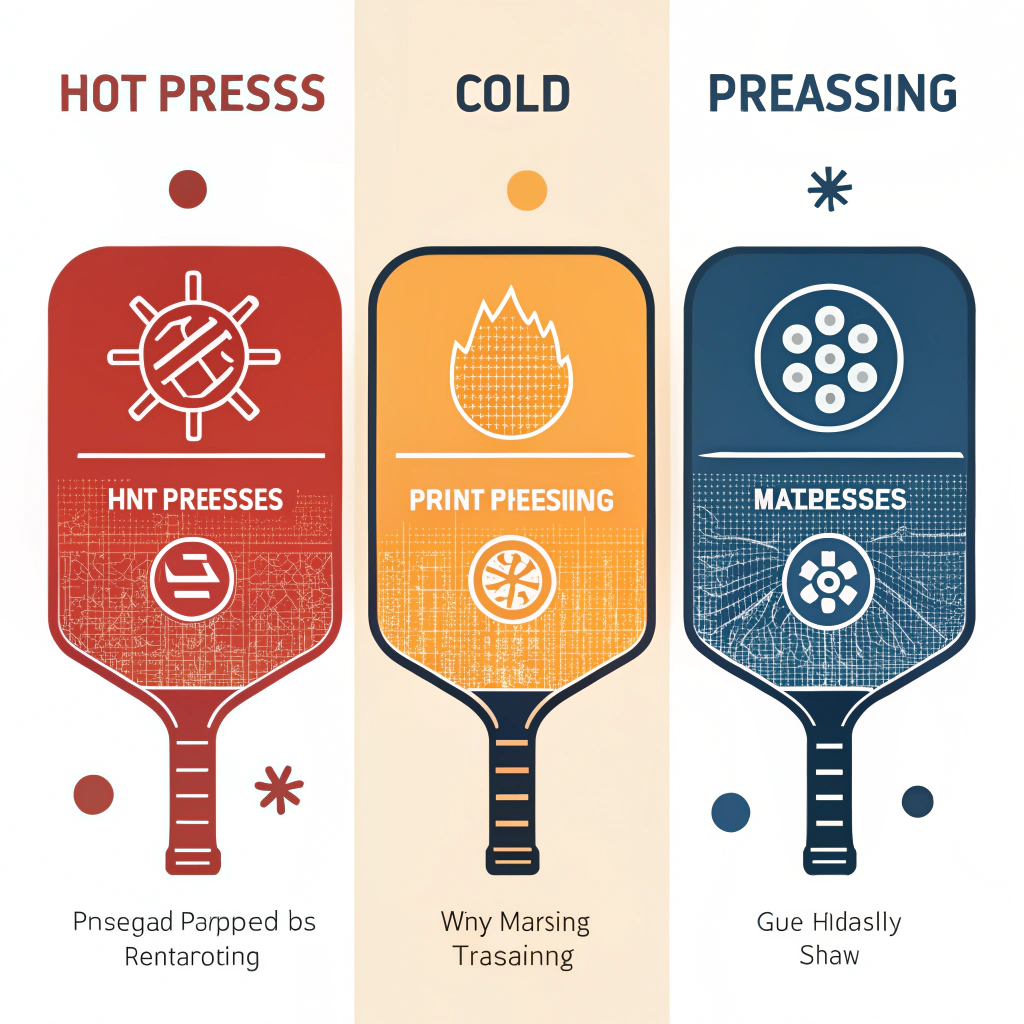 Minimalistic illustration depicting three production techniques for pickleball paddles.