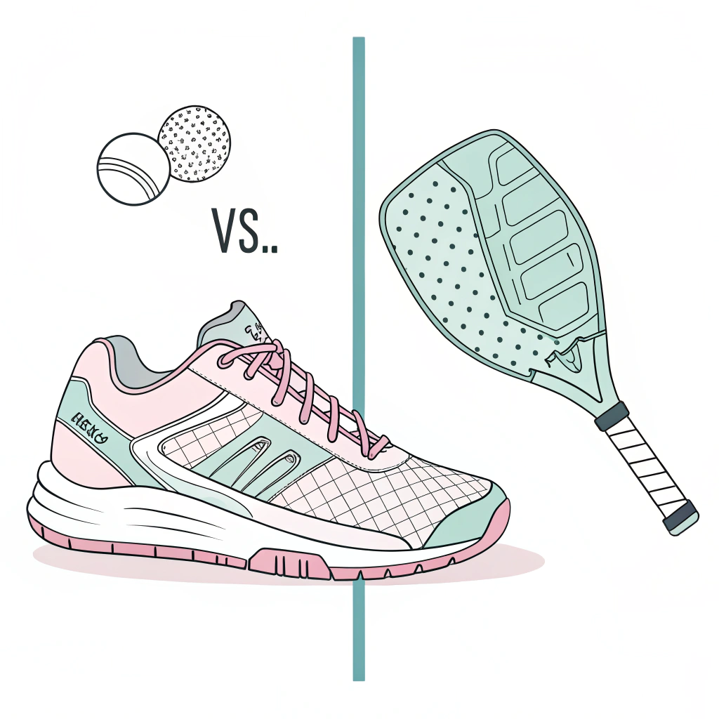 Minimal 2D drawing illustrating the comparative design features of tennis and pickleball shoes for sports procurement decisions.
