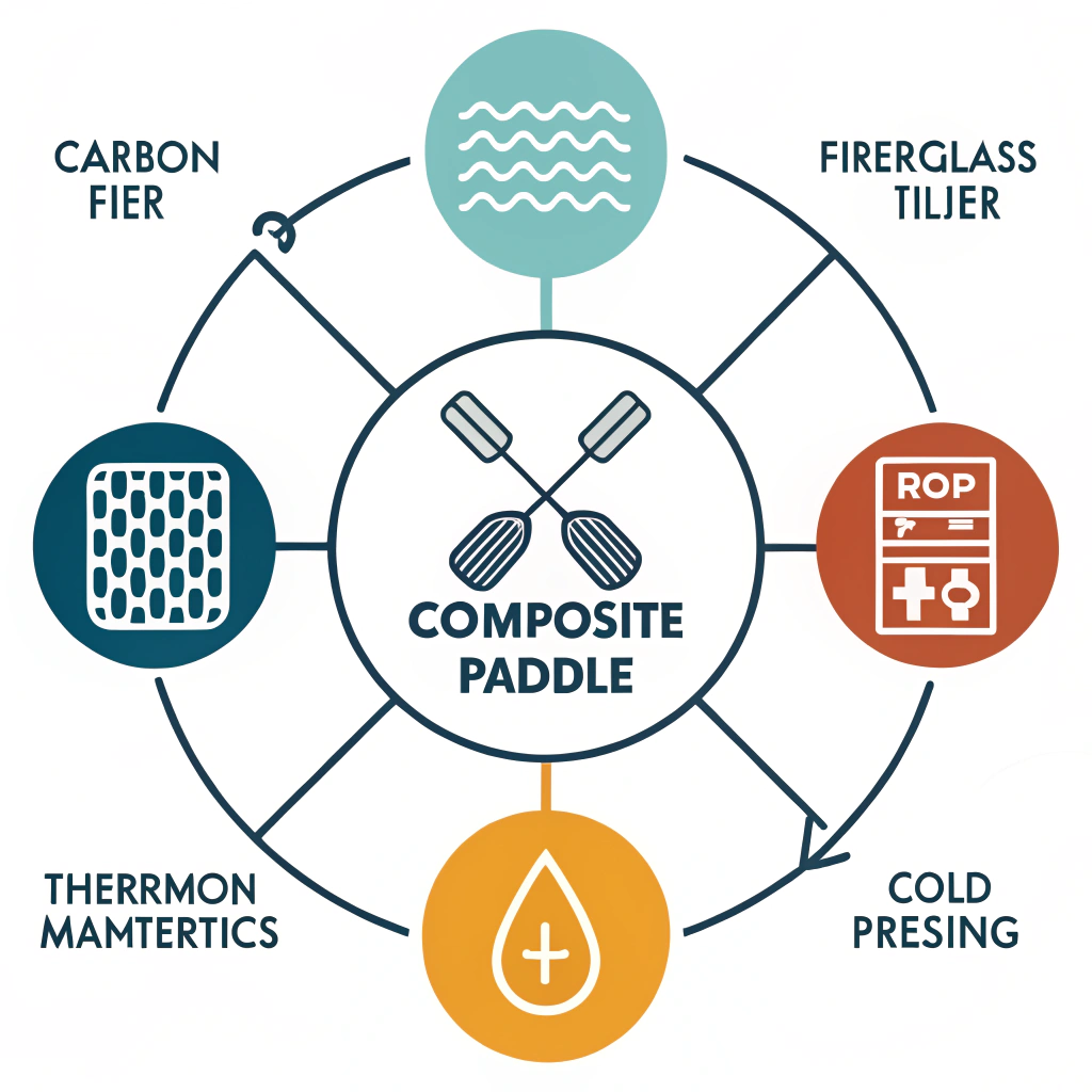 Minimalist illustration of composite paddle materials and manufacturing process
