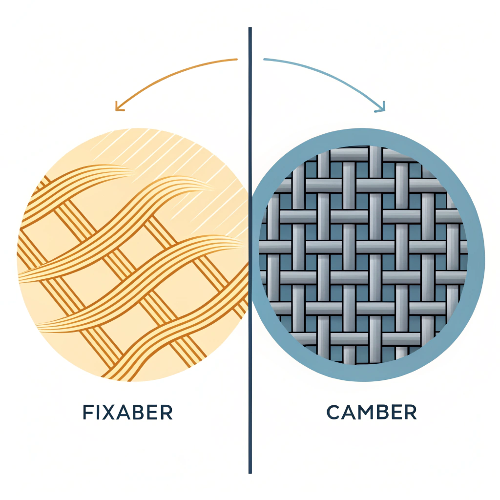 Minimalist 2D illustration showing abstract aramid and carbon fiber patterns in split design.