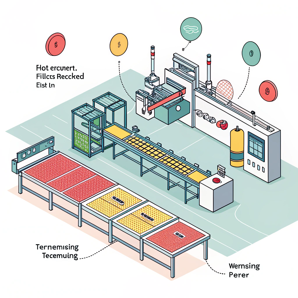 Minimal flat illustration of a modern pickleball paddle manufacturing process with abstract machinery and clean production lines