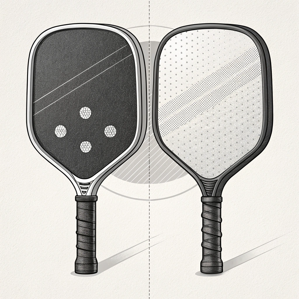 2D illustration showing side-by-side comparison of graphite and composite pickleball paddles