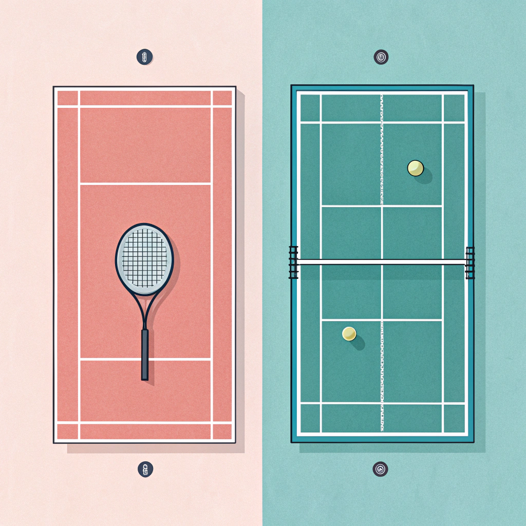 Minimal flat illustration contrasting tennis and pickleball equipment and court design.