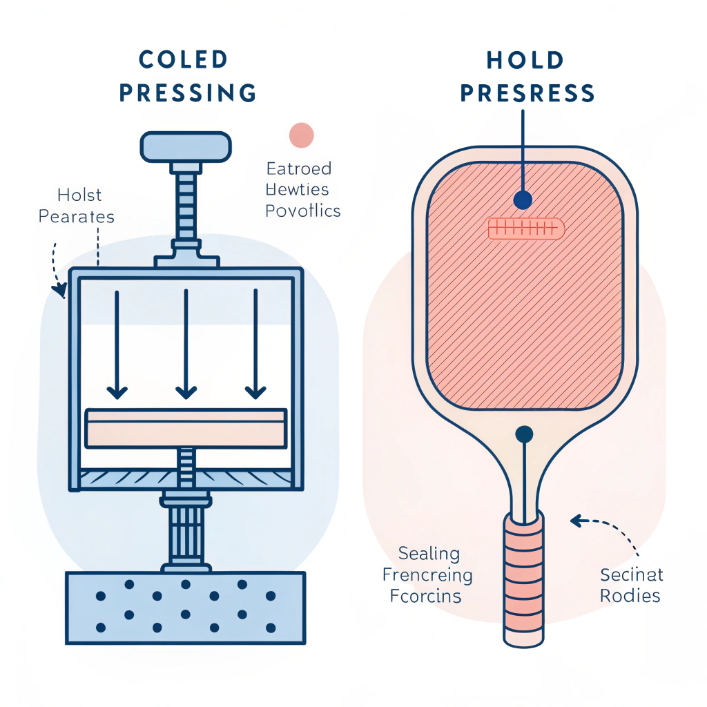 "Minimalist 2D illustration comparing cold pressing and thermoforming paddle production."
