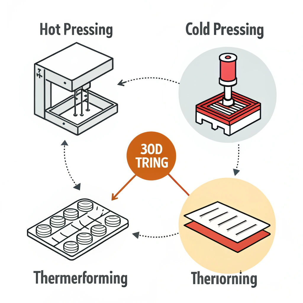 Simple illustration showing three manufacturing processes for edge guard production in a clear vector style