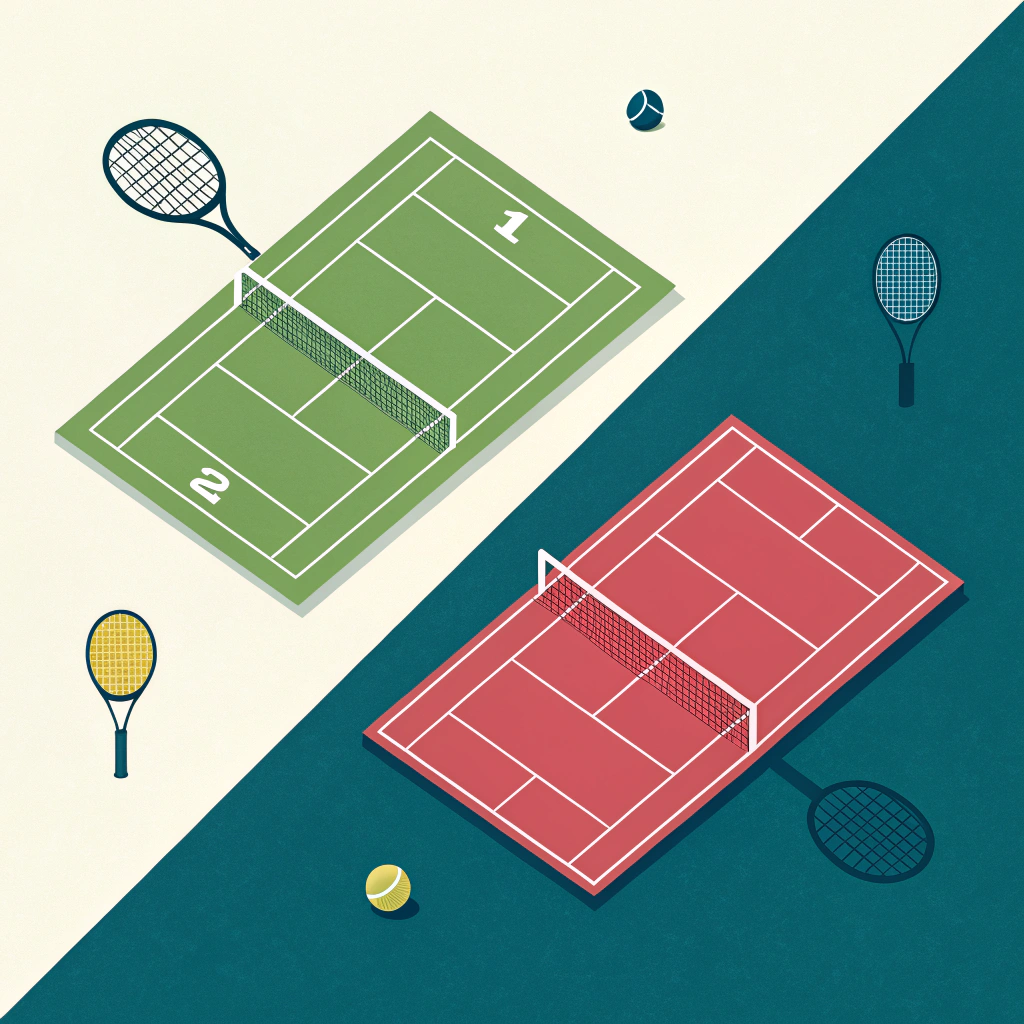 2D minimalist illustration comparing a tennis scene with a compact pickleball design.
