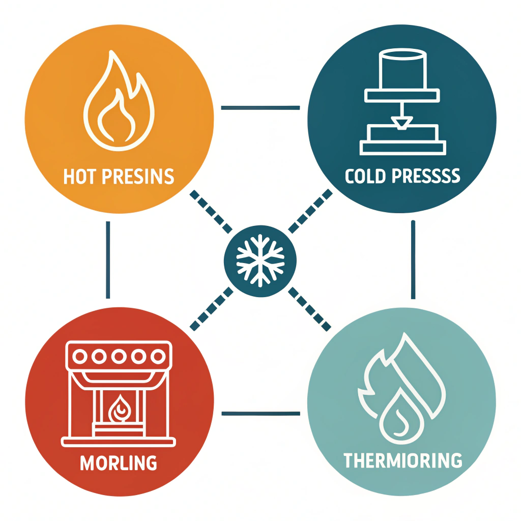 Minimal 2D flat illustration depicting abstract production process icons.
