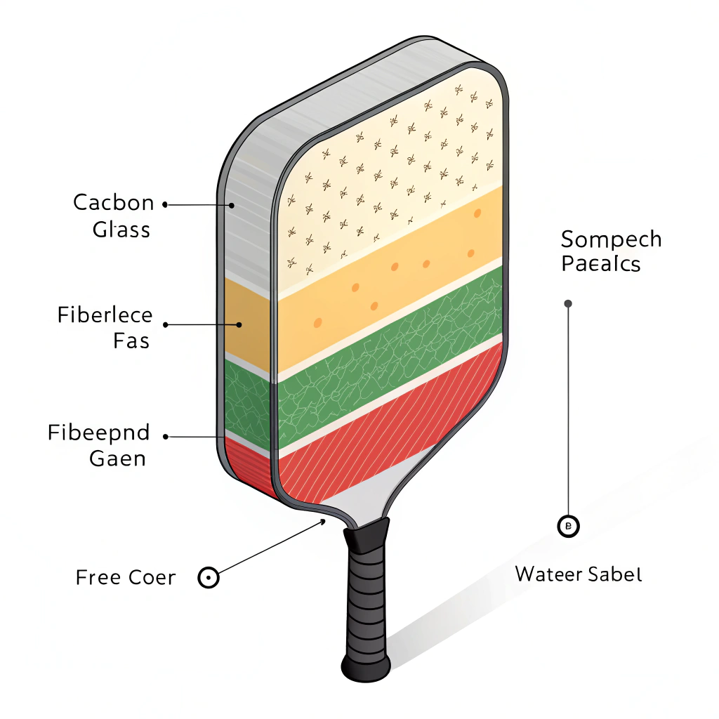 "2D minimalistic cutaway showing the layered sandwich structure of a pickleball paddle."