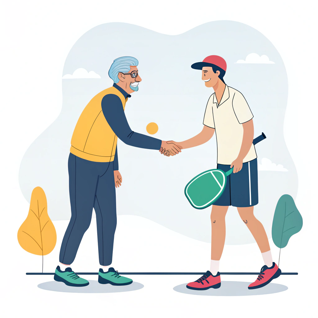 Minimal illustration of a pickleball player and mentor shaking hands in support of professional growth