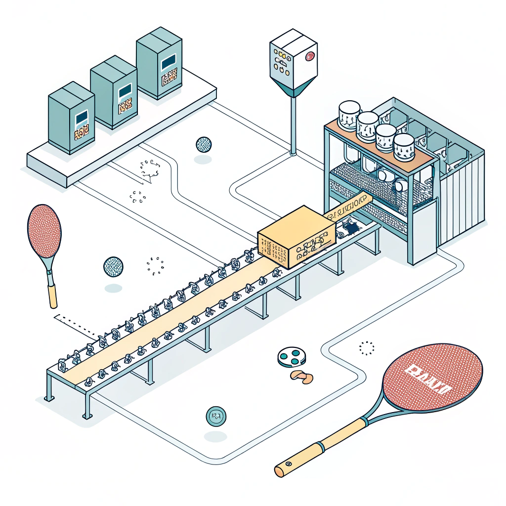 Minimal 2D illustration of pickleball paddle manufacturing with quality control elements.
