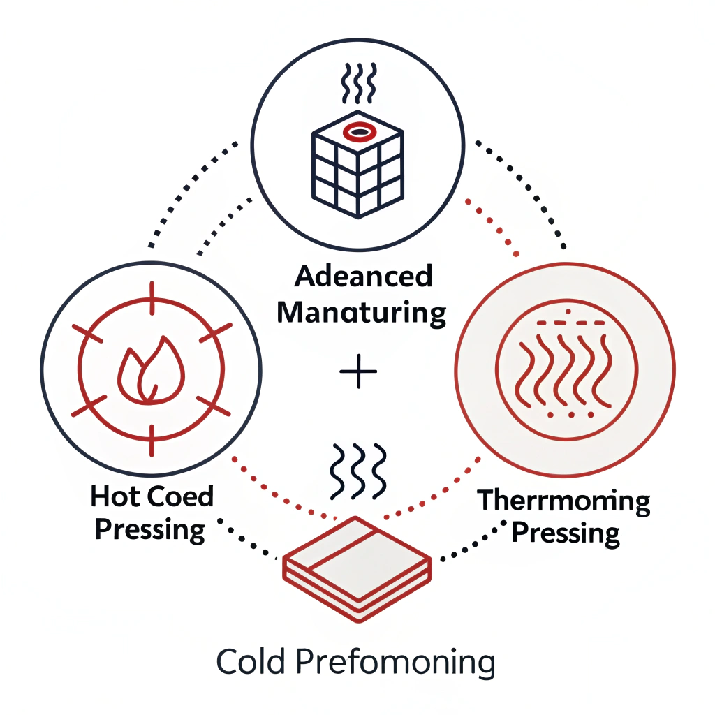 Minimal flat illustration of three manufacturing process icons in a simple 2D style
