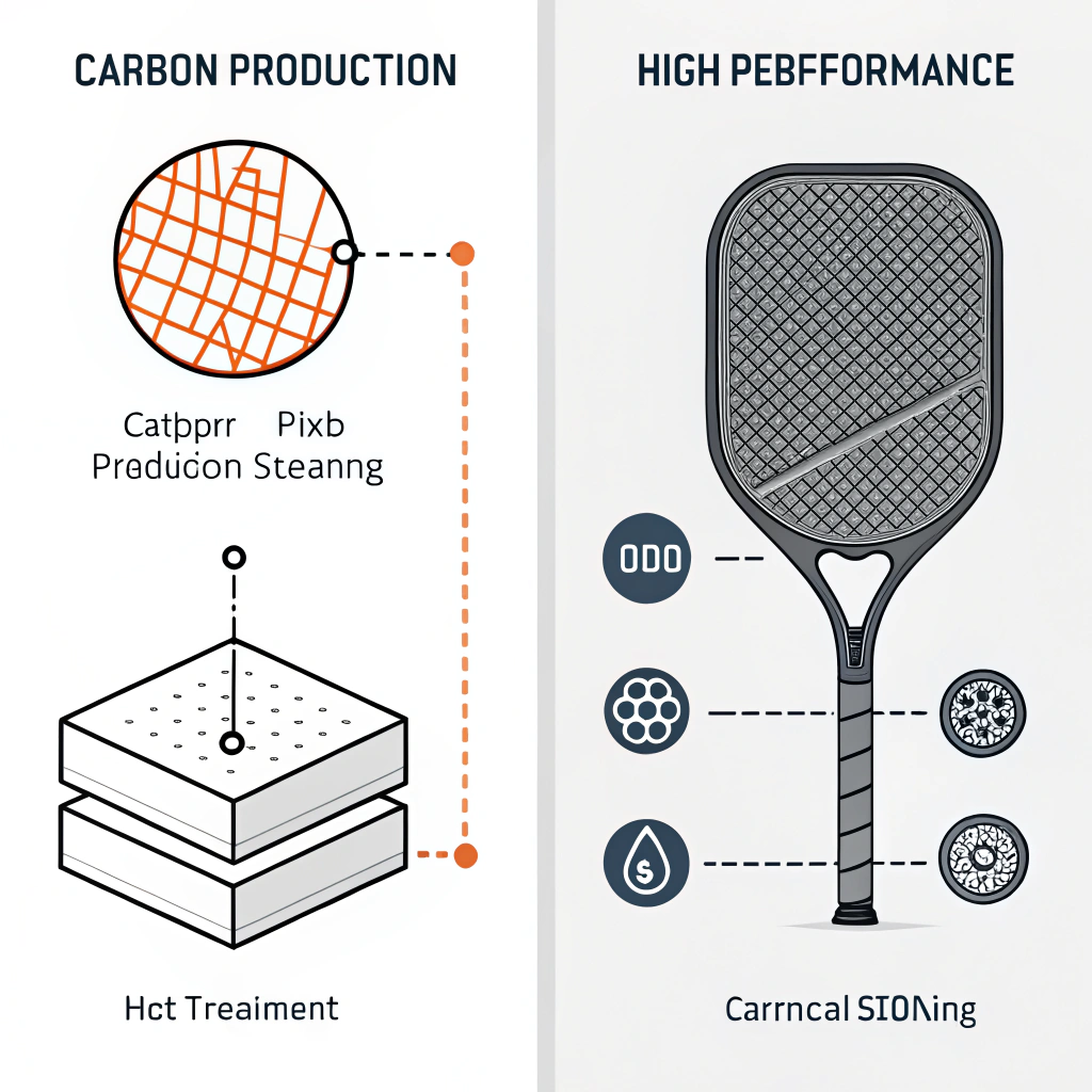 2D minimalistic illustration of carbon fiber and paddle production processes with split panels.