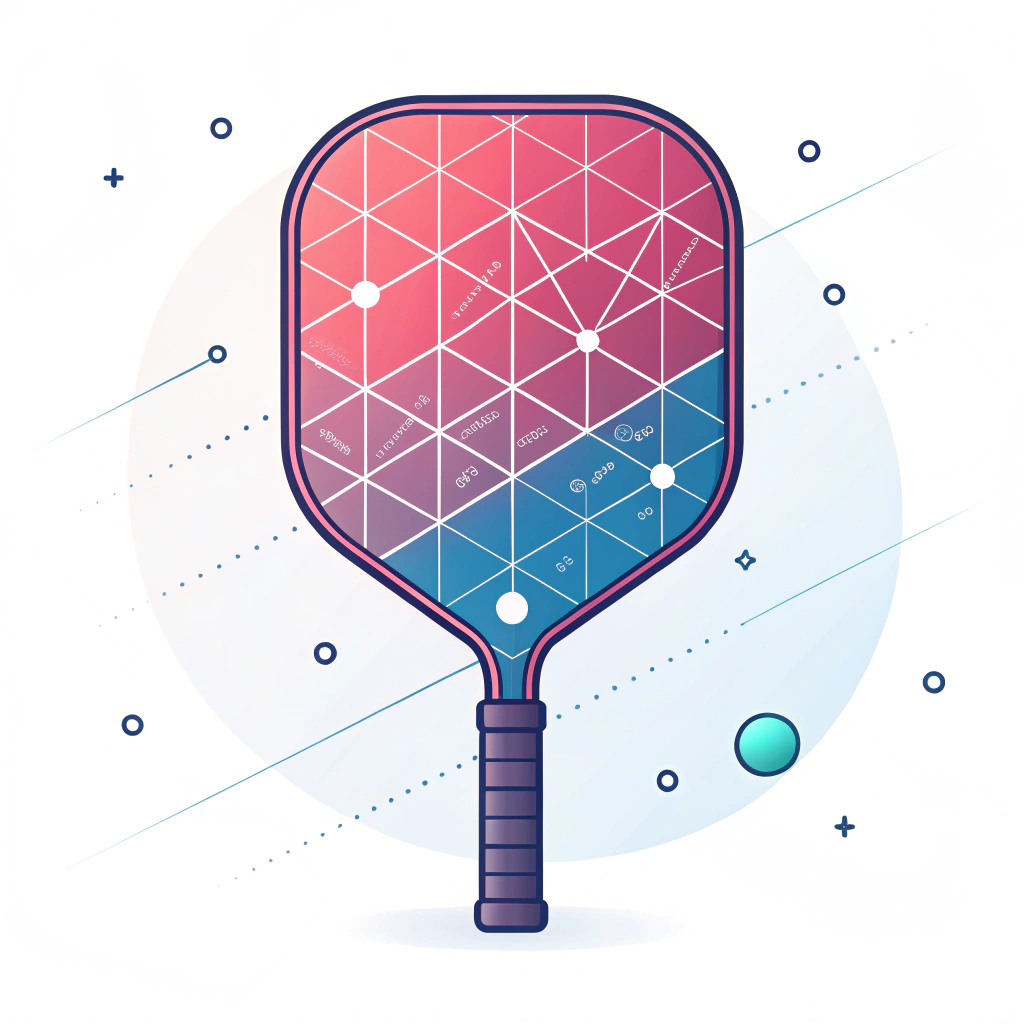 Abstract 2D minimalist illustration of an innovative pickleball paddle design with symbolic production details.
