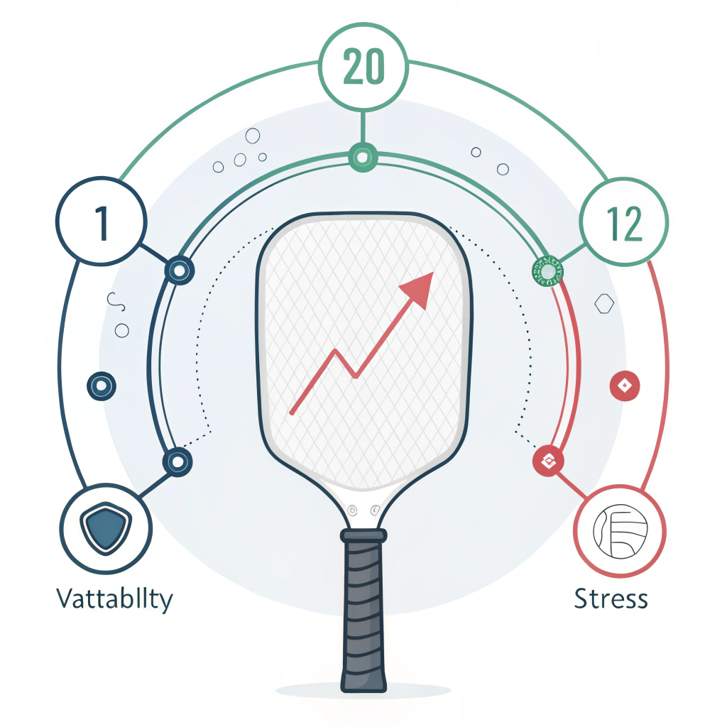 Minimalist illustration of a pickleball paddle with visual cues for performance testing metrics
