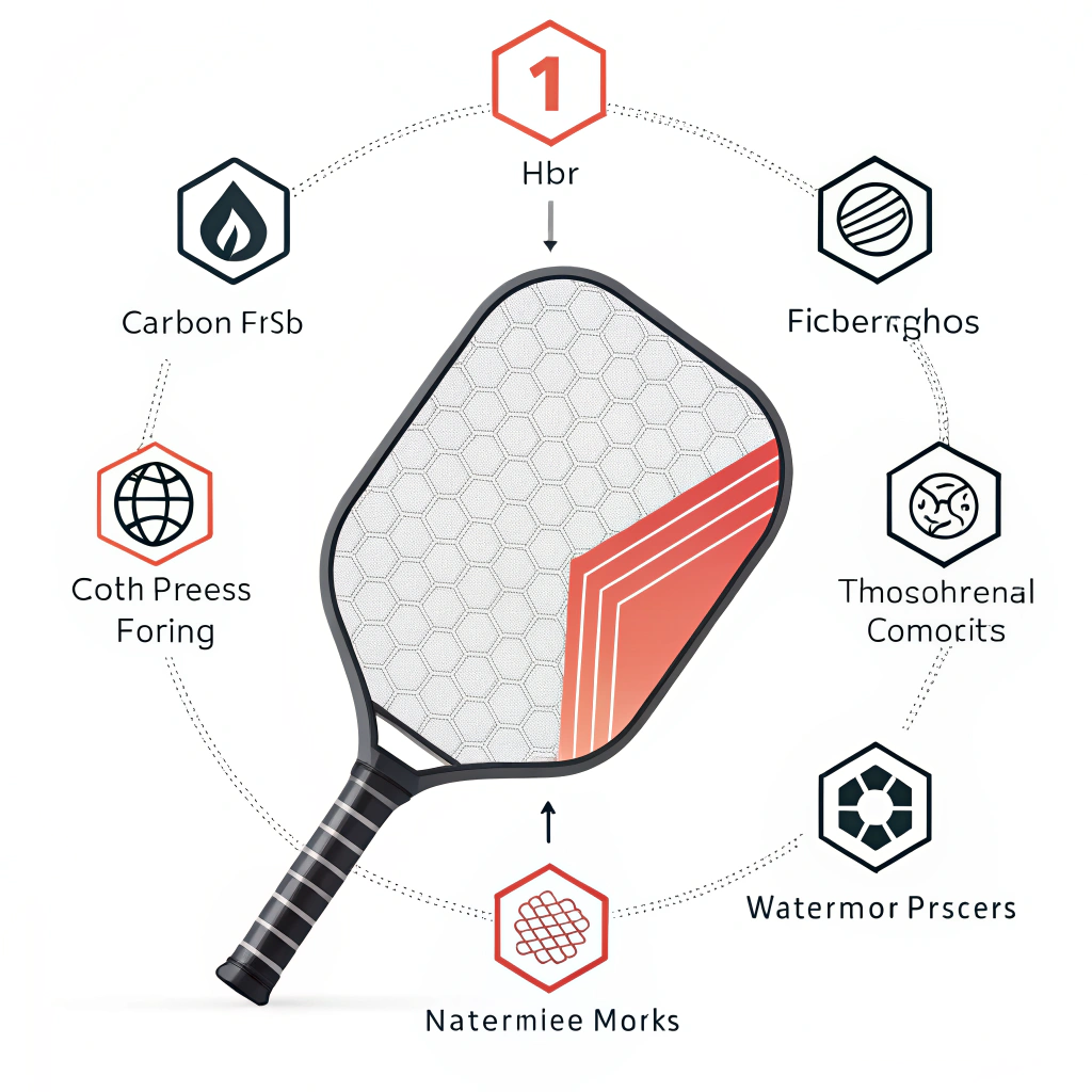 Minimalist illustration of custom pickleball paddle production with abstract material icons
