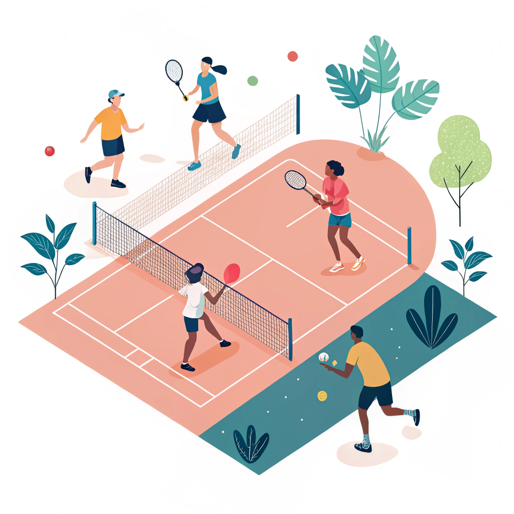 Minimalist 2D illustration of diverse pickleball players on a simplified court in action.