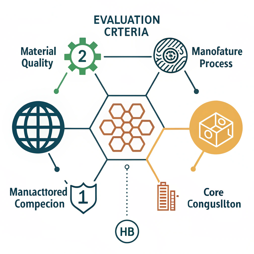 Flat illustration of abstract icons representing evaluation criteria methodology