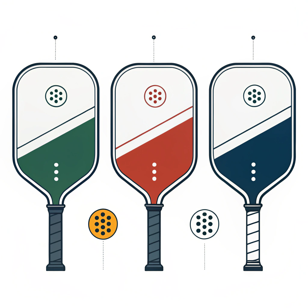 Minimalistic illustration of diverse customizable pickleball paddles