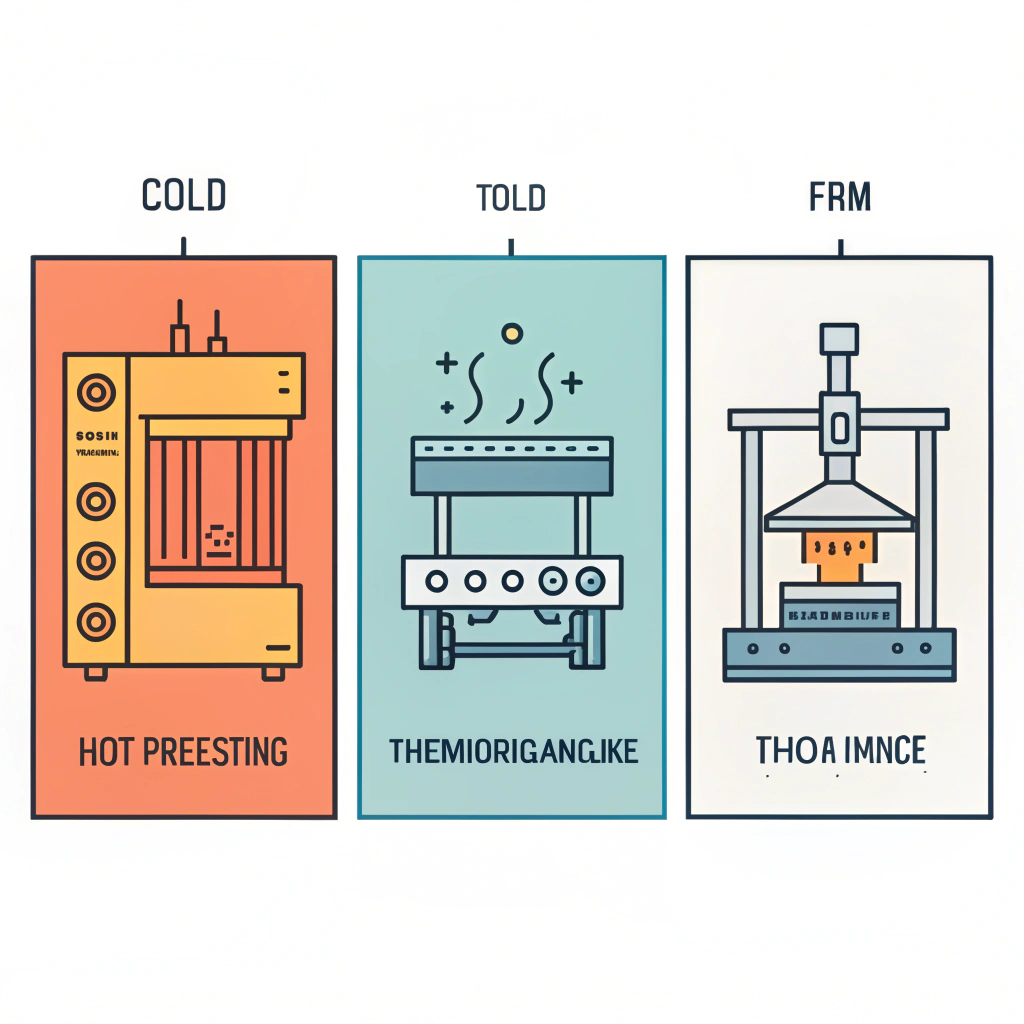 Minimal flat vector illustration of three industrial production techniques in distinct panels