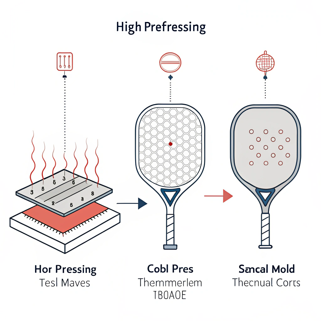 2D minimalist illustration of pickleball paddle manufacturing processes