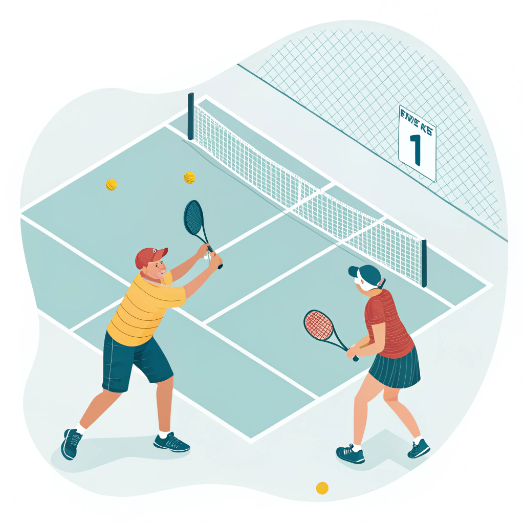 Minimal 2D illustration of a dynamic pickleball training session emphasizing serve and footwork drills