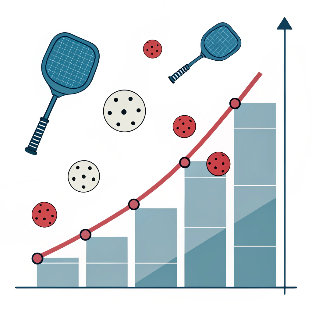 2D minimalist illustration showing rising pickleball trends through abstract sports elements.