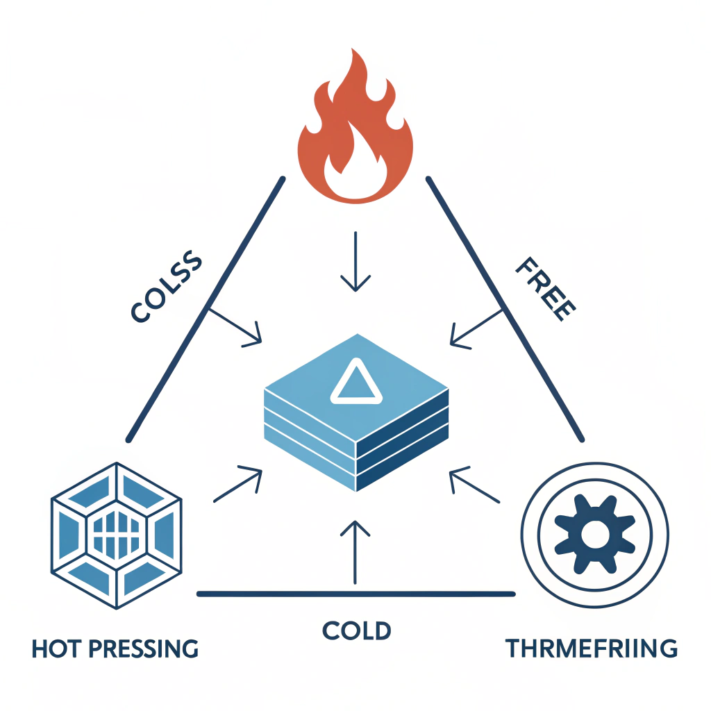 Minimalist icons representing hot pressing, cold pressing, and thermoforming processes