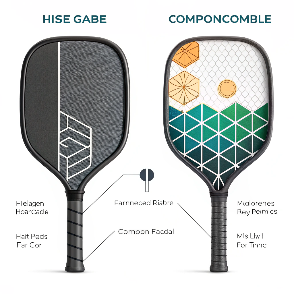 Minimalist 2D illustration of graphite and composite pickleball paddles with abstract manufacturing elements.
