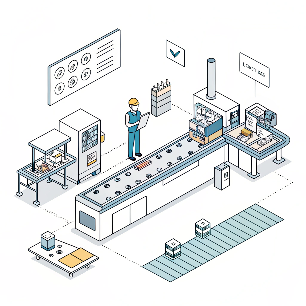 Minimalist 2D illustration of a modern paddle factory with quality control elements