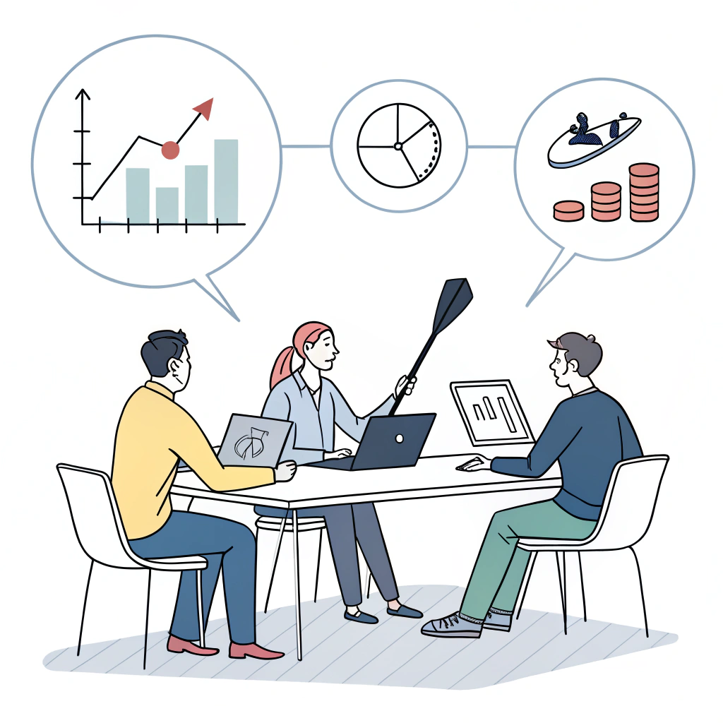 Minimal 2D illustration of professionals analyzing carbon fiber pickleball paddle design