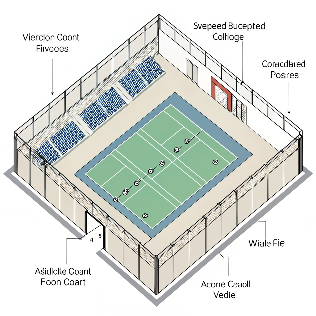 Simplified diagram of a pickleball court layout featuring soundproof elements and structural enhancements.
