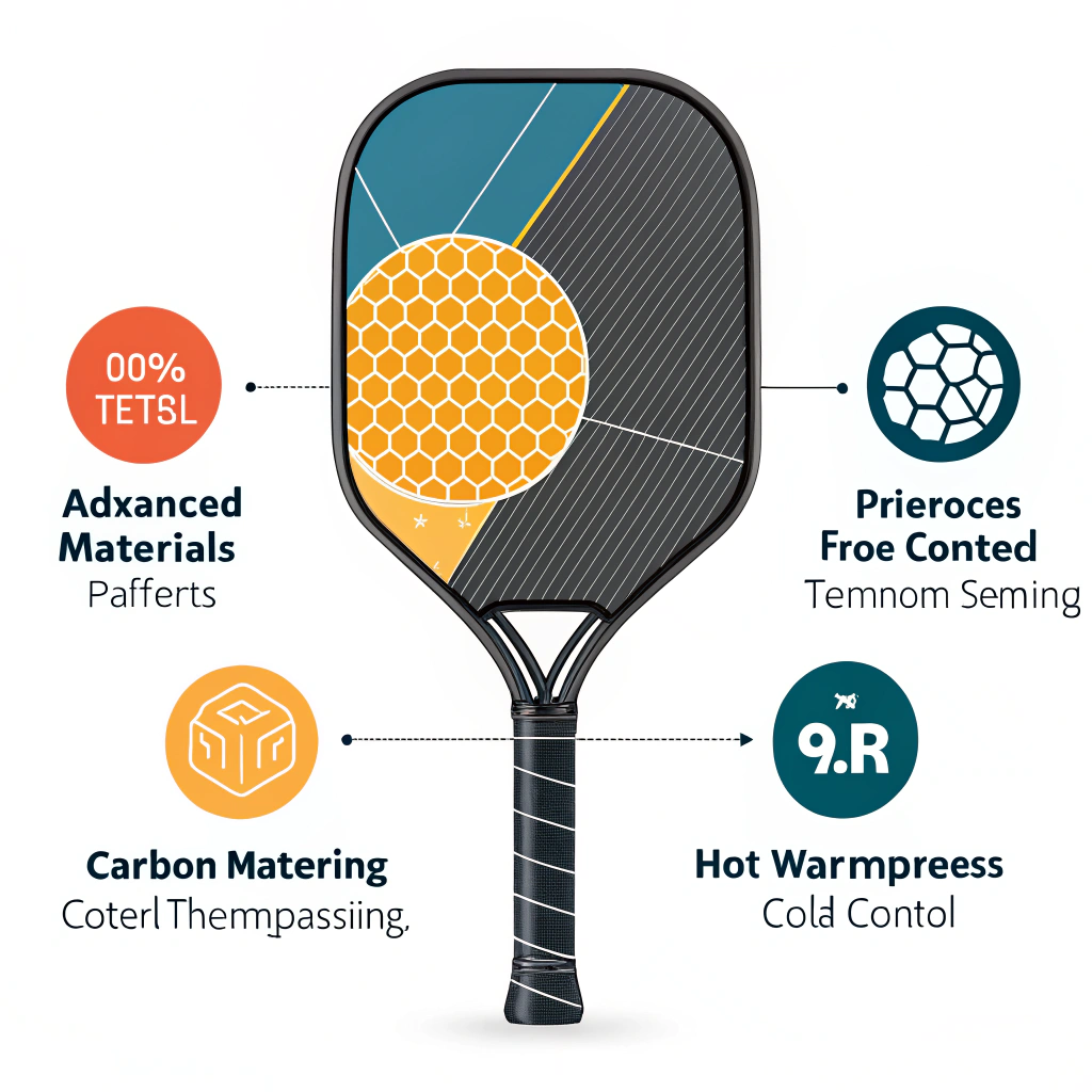 Minimal flat design image of innovative pickleball paddle production with material and quality symbols.
