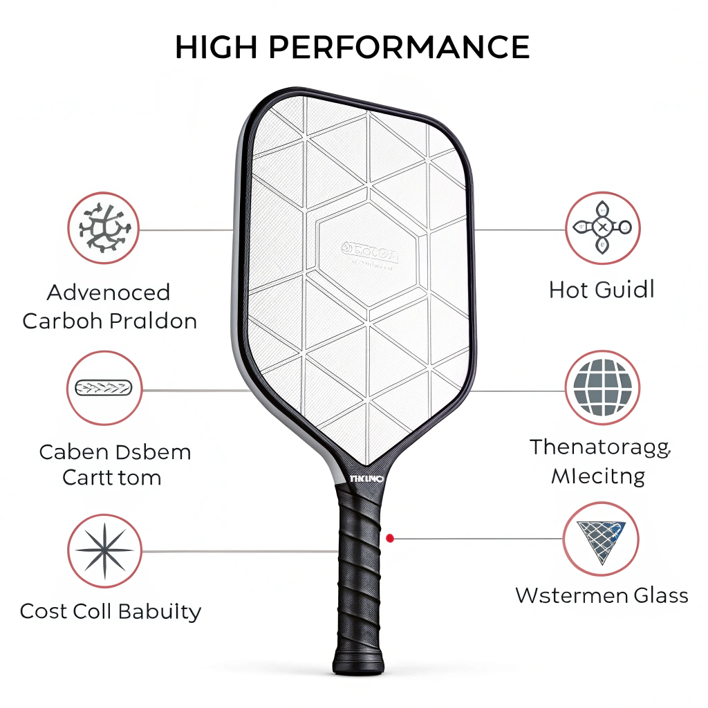 Flat design illustration of a customizable pickleball paddle with modern production symbols and dynamic elements.
