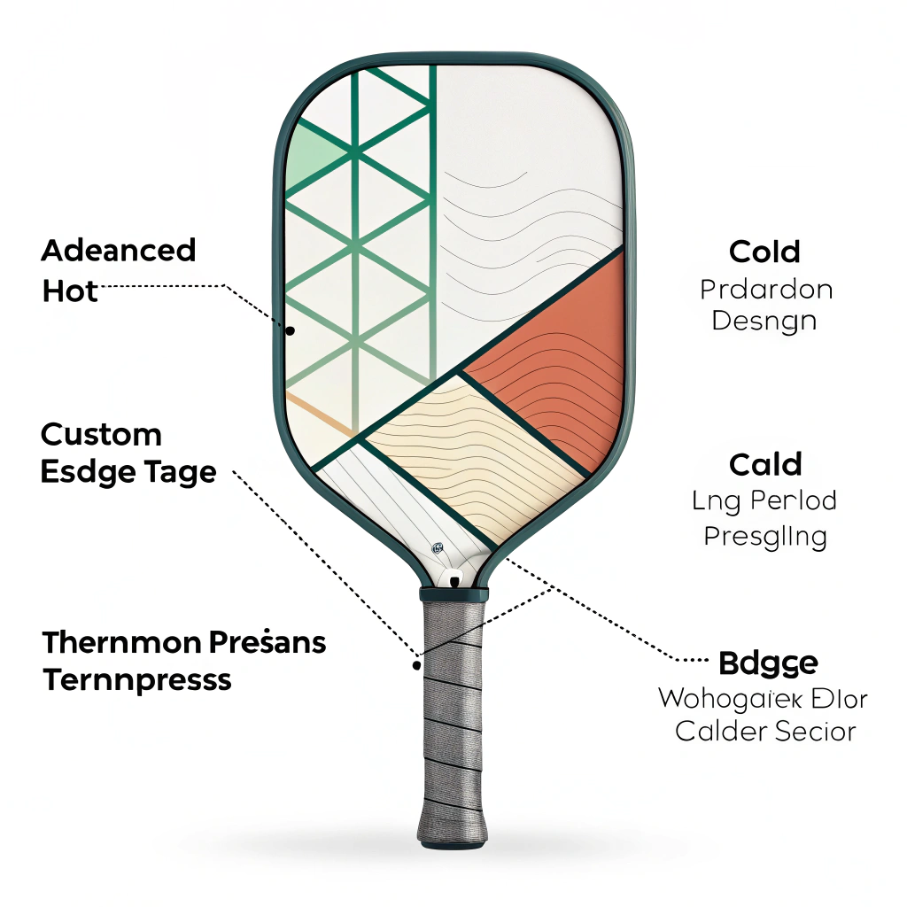 Simple 2D illustration of a pickleball paddle with custom edge protection and advanced production details.