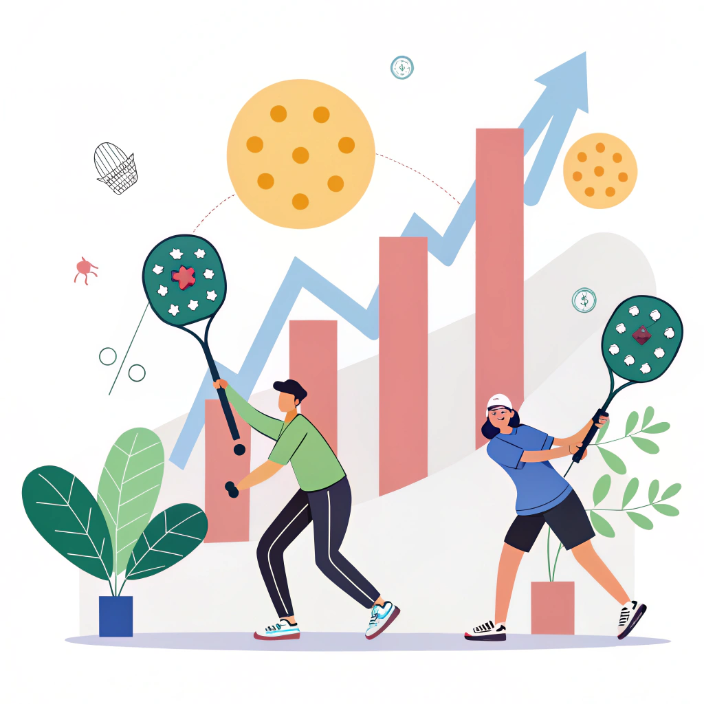 Minimal 2D illustration of flourishing pickleball market symbols and paddles