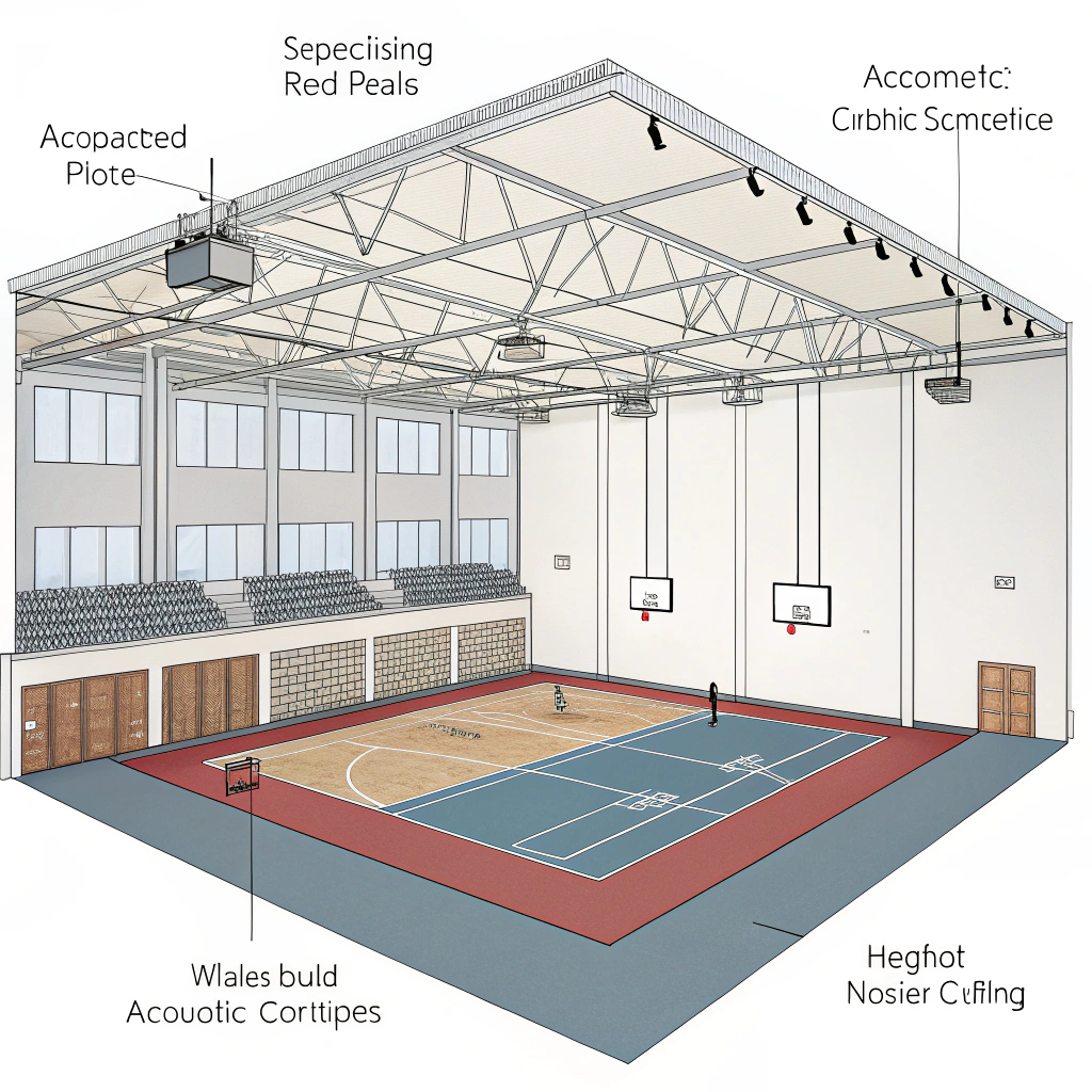 Minimalistic illustration depicting a sports complex enhanced with acoustic treatments and noise reduction features.