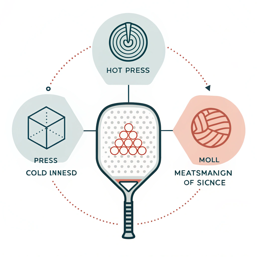 Minimal flat design depicting abstract symbols of pickleball paddle production processes with technical elegance.