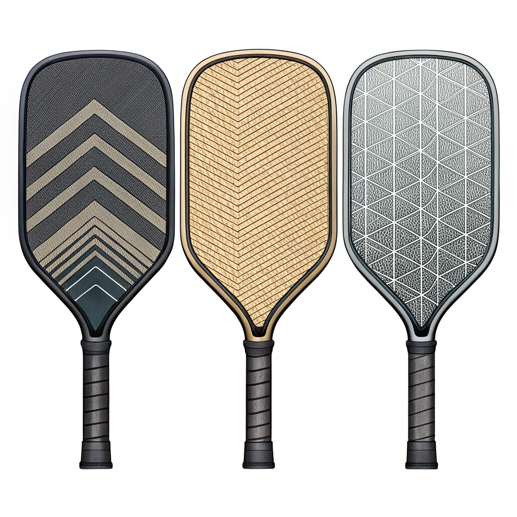 Minimalist illustration of three pickleball paddles showing distinct material textures.
