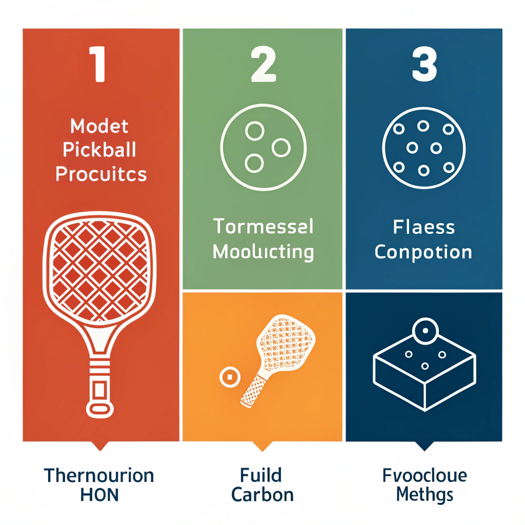Minimal 2D flat illustration depicting manufacturing processes of pickleball paddle production.