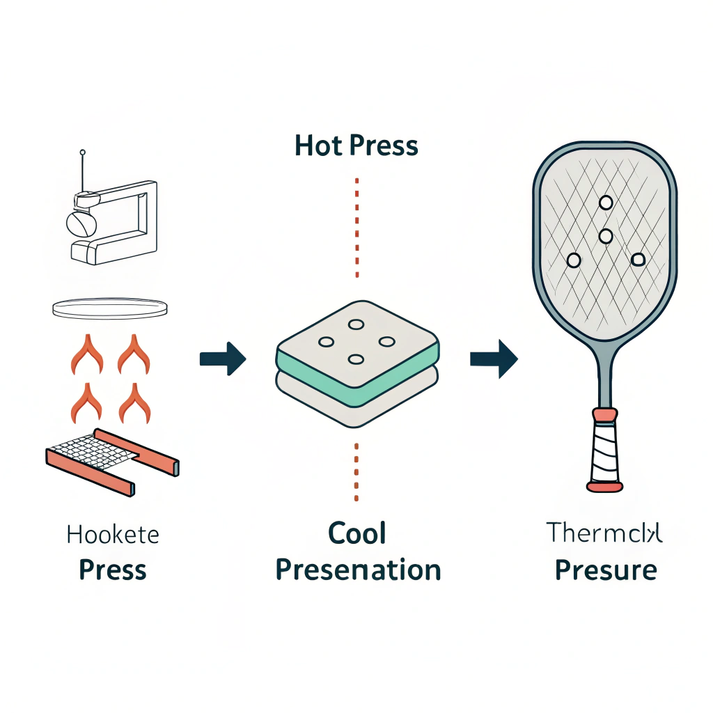 Minimalist flat design showing three icons for hot pressing, cold pressing, and thermoforming in pickleball paddle production.