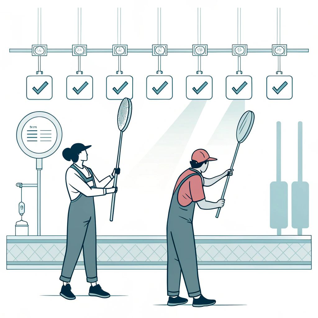 Minimalist illustration of quality control and inspection in pickleball paddle manufacturing.